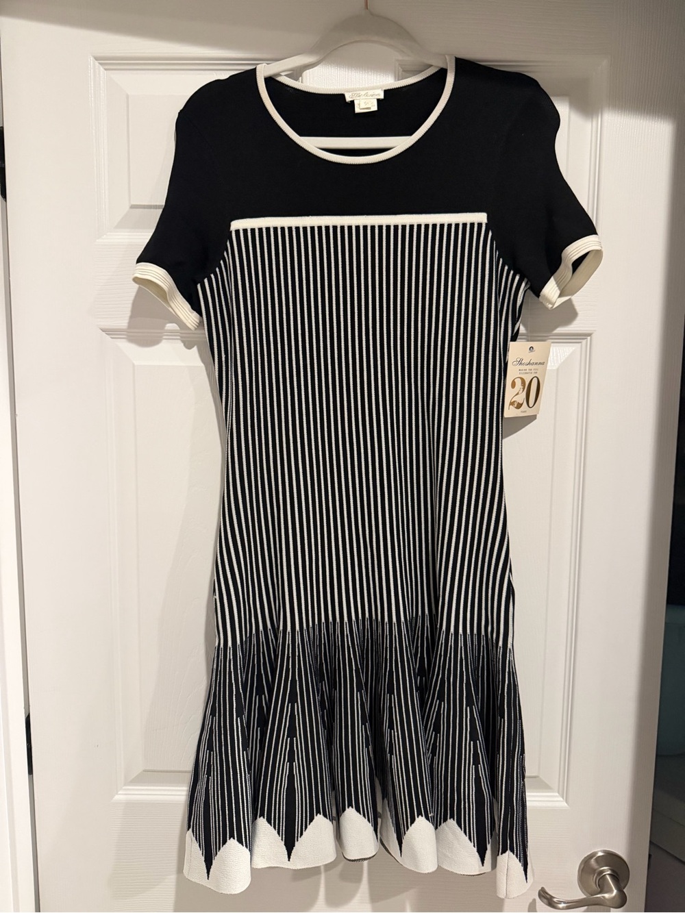 Shoshanna Black and White Short-Sleeve Striped Knit Dress